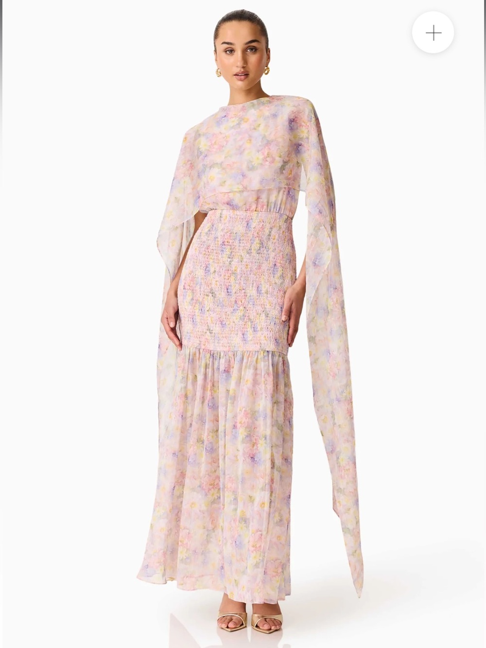 elliatt alinda pink floral high neckline scarf detail cape maxi gown dress xs